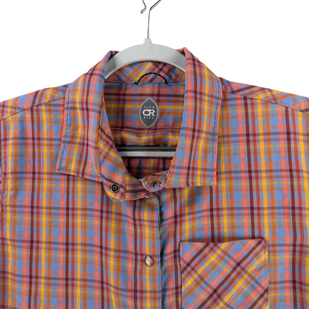 Club Ride Shirt Women Large Orange Blue Plaid Snap Front Cycling MTB Technical
